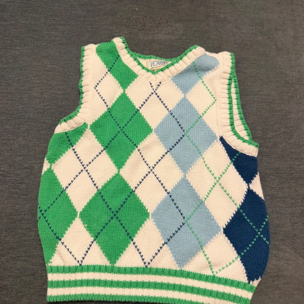 The Childrens Place Boys Argyle Sweater Vest Green Blue White 24 Months Cotton‎